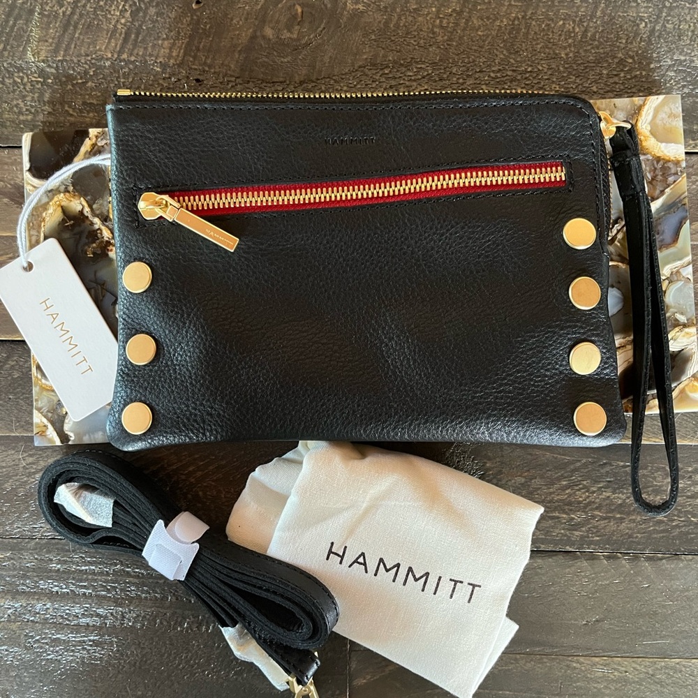 Hammitt Nash Black Leather Red Zipper Gold Hardware Crossbody Bag Wristlet